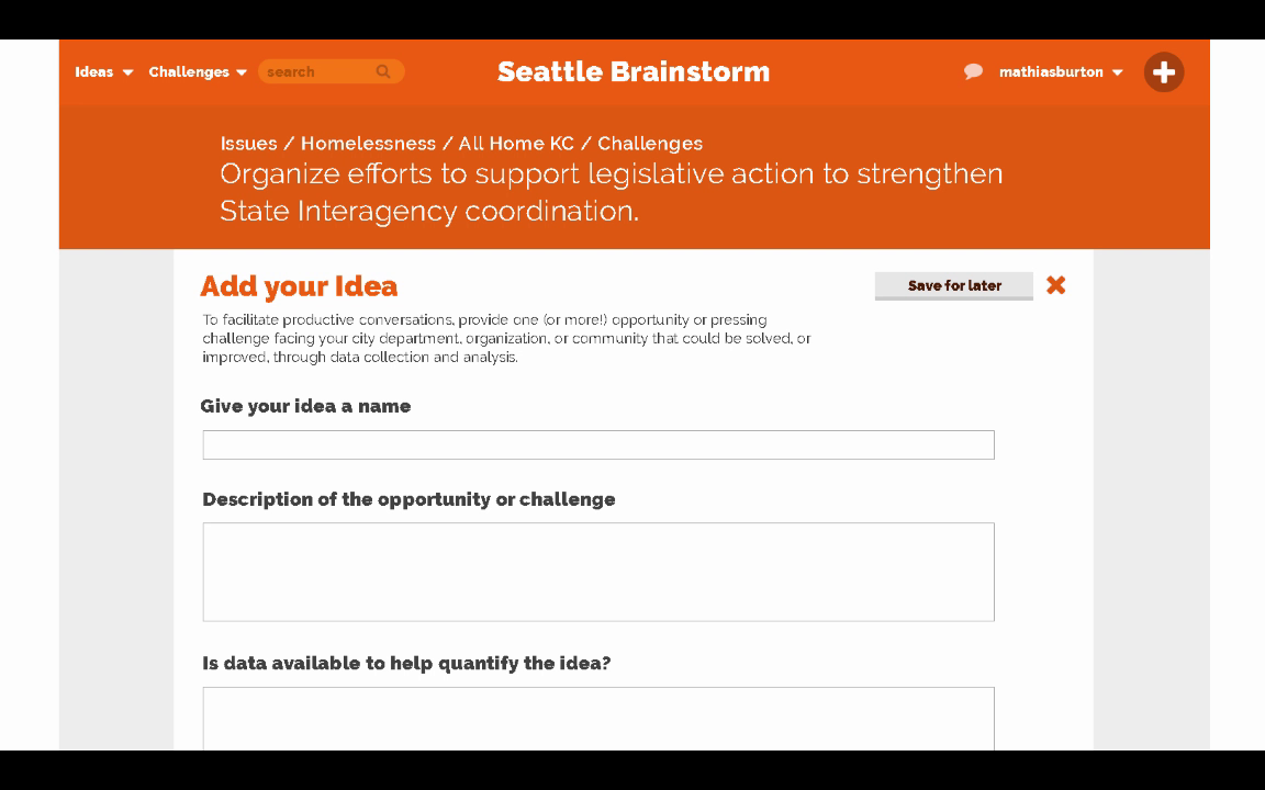 Seattle Brainstorm interface concept with fields for an idea name, description and supporting data beneath a homelessness planning challenge.