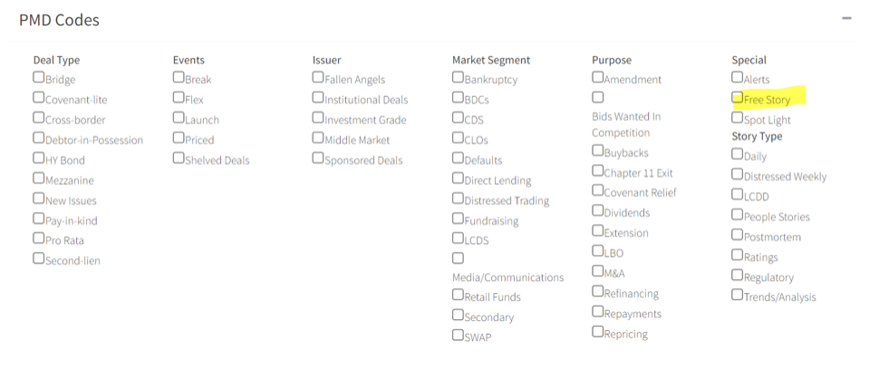 LCD PMD code taxonomy organized by deal type, event, issuer, market segment, purpose, and special treatment