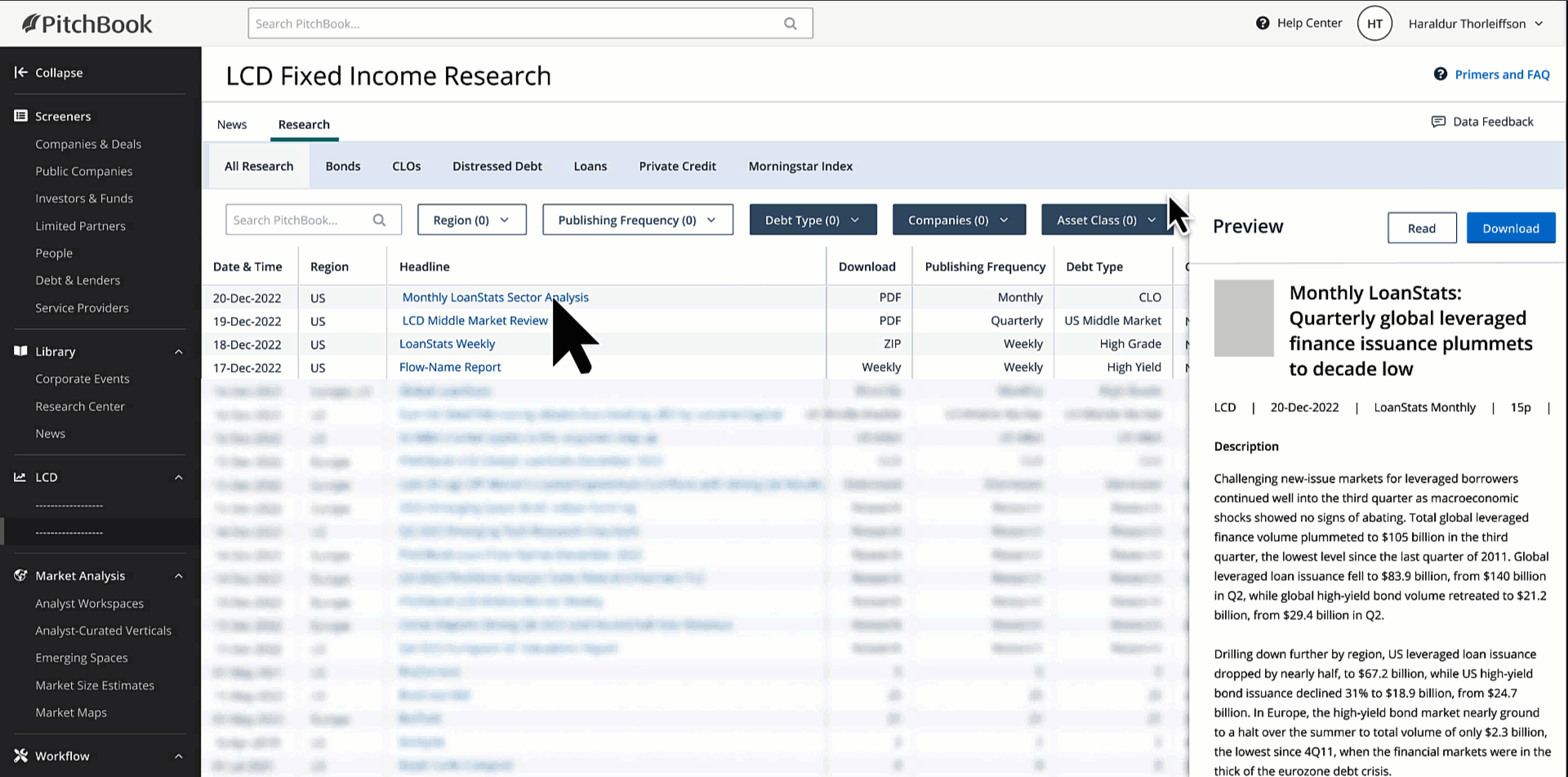 Prototype of an integrated fixed-income research library with filters and an inline report preview