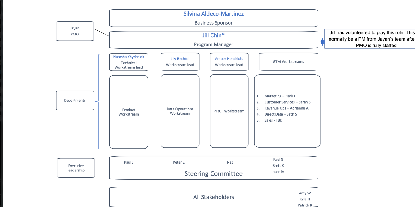 LCD integration program structure connecting business sponsorship, program management, workstreams, executive steering, and stakeholders