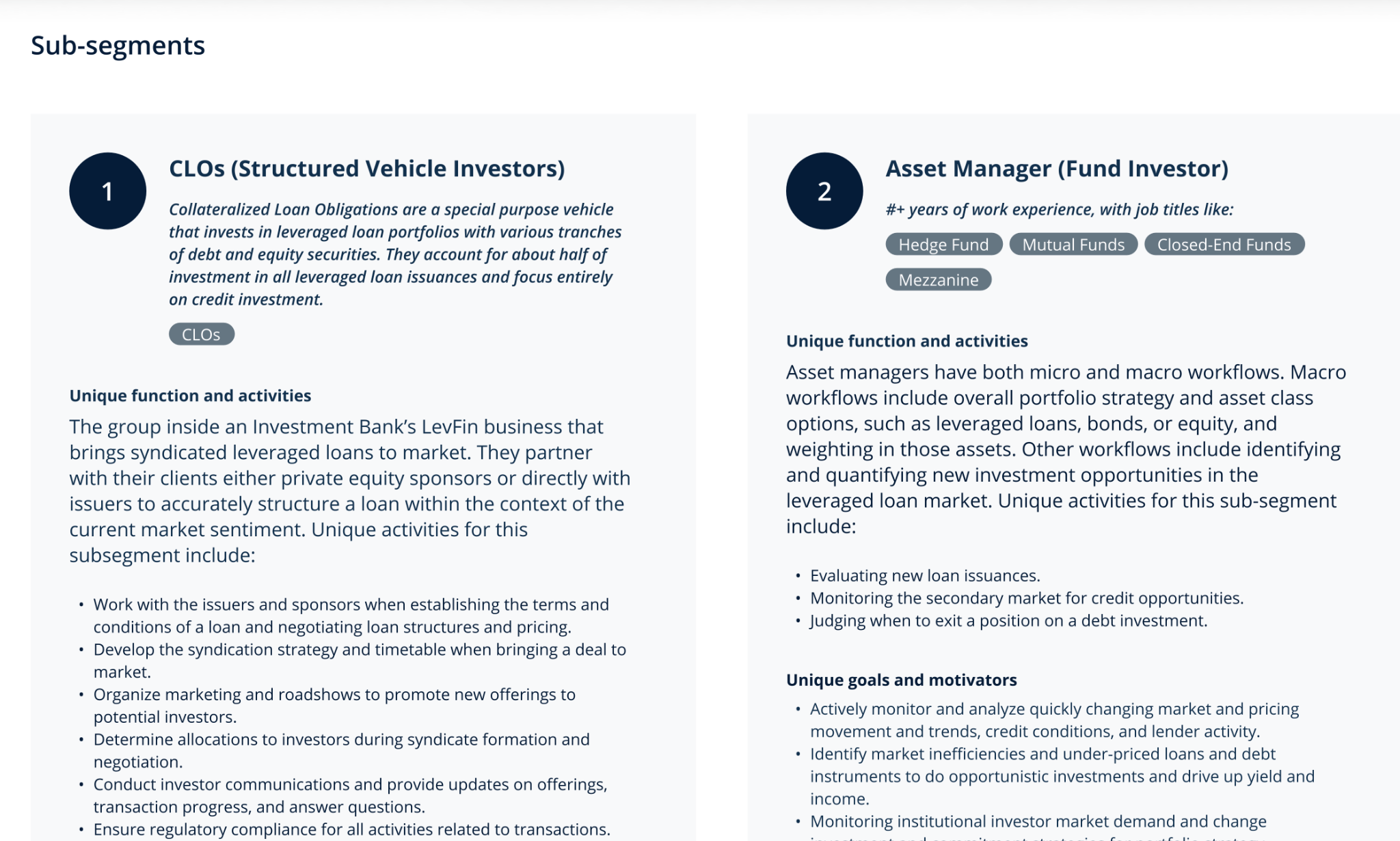 Internal persona artifact comparing CLO structured-vehicle investors and asset-manager fund investors